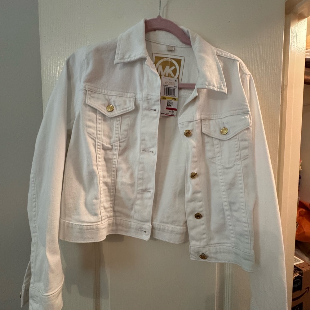 Michael Kors White Jean Jacket with Gold Accents